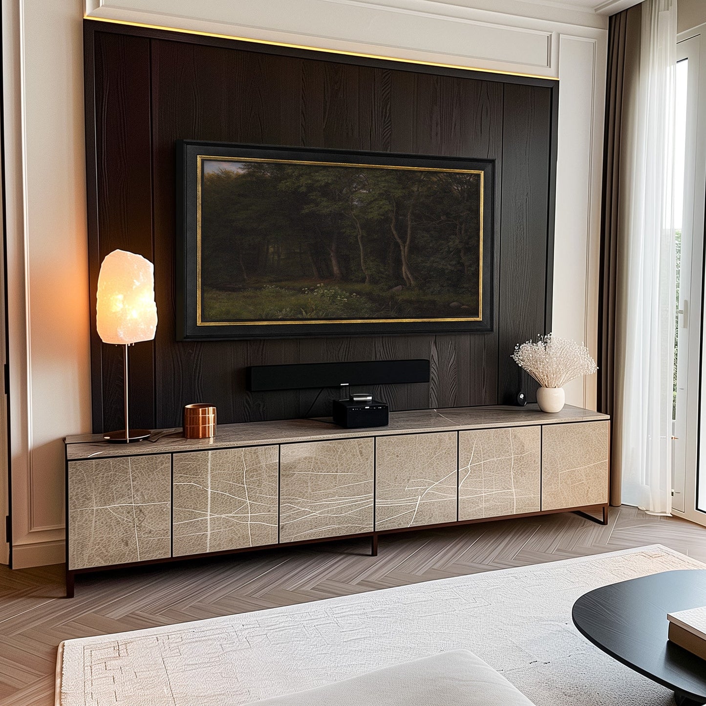 Enhance your TV with a classic black and gold frame that complements your room's décor.