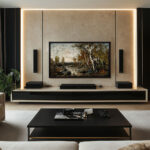 An impressive 85-inch framed TV showing a classic landscape in a luxury media room, seamlessly integrating your large screen with premium acoustic panels and contemporary architecture.