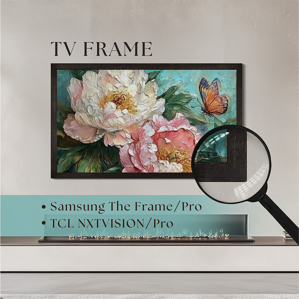 OakBlack40_FIRST Main view of the thin black oak TV frame, compatible with Samsung The Frame and TCL NXTVISION, offering a sleek, instant upgrade that completely disguises your television as fine art.