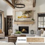 75-inch Jacobean oak custom TV frame seamlessly blending a large television into a cozy, rustic stone fireplace living room setup.