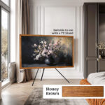 Versatile 65-inch Honey Brown wood TV frame fully compatible with modern freestanding tripod TV stands, offering stylish placement flexibility without wall mounting.
