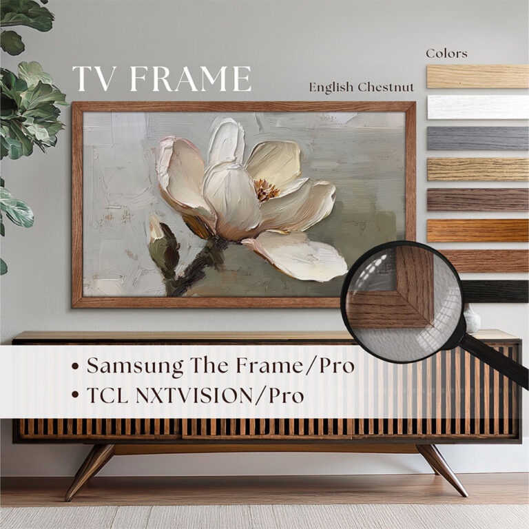 Custom solid wood TV frame for Samsung The Frame and TCL NXTVISION, shown in English Chestnut with multiple color options to perfectly match your home decor.