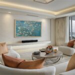 An immersive 85-inch framed TV displaying classic art in a luxurious, modern penthouse, adding a touch of natural warmth and high-end elegance to a sleek, minimalist space.