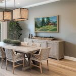 A natural oak framed TV displaying a cabin landscape in a serene dining room, beautifully matching the wooden dining set to create a cohesive and inviting entertaining space.