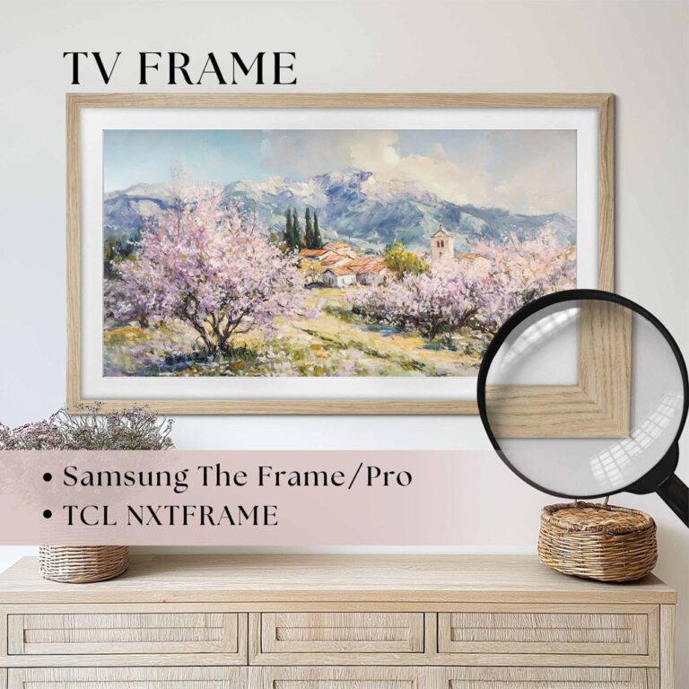 Main view of the natural oak TV frame featuring corner detail, compatible with Samsung The Frame and TCL NXTFRAME, instantly elevating your 55-inch flat screen into a stunning piece of art.