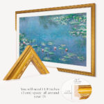 Ornate gold TV frame dimension guide, illustrating the 1 1/8 inches of wall clearance needed to guarantee a perfect, stress-free fit around your flat screen television.