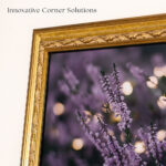 lose-up of the ornate gold frame's innovative corner solution, ensuring a seamless, gap-free fit that makes your 55-inch TV look exactly like a professionally framed gallery canvas.