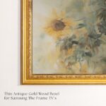 Detailed view of the thin antique gold wood bezel, designed specifically to bring a touch of classic, museum-quality elegance to your 65-inch Samsung The Frame TV.