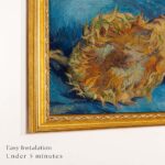 Corner detail of the antique gold TV frame highlighting the easy, under-5-minute installation, letting you upgrade your room's aesthetic quickly without needing tools or professional help.