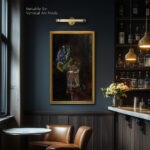 Antique gold TV frame mounted vertically in a dark, moody home bar, perfectly utilizing portrait mode to display elegant vertical art and save space on narrow walls.