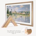 Cross-section of the ornate silver wood TV frame showing a sleek profile and the required 1 1/8 inch wall clearance for a perfect, flush fit.