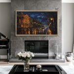 Elegant 75-inch ornate silver TV frame transforming a large living room flat screen into a beautiful piece of framed traditional art.