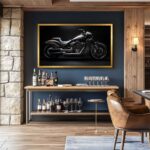 A 75-inch custom gold frame upgrading a wall-mounted TV in a stylish home bar, seamlessly blending modern technology with sophisticated room aesthetics.