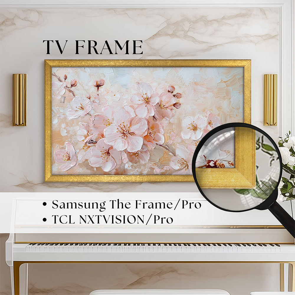 Gold40_FIRST Antique gold custom TV frame compatible with Samsung The Frame and TCL NXTVISION, instantly transforming your television into a seamless piece of gallery art.