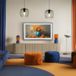 Modern 55-inch gray oak TV bezel seamlessly integrating your digital art display into upscale contemporary home decor.