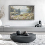 Large 75-inch gray oak custom TV frame elevating minimalist interior design by disguising your television as a traditional gallery piece.