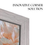 Close-up of the gray oak TV frame's innovative corner solution, guaranteeing a flawless, gap-free finish for a professional look.