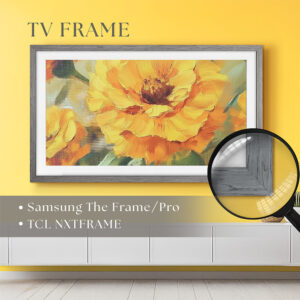 Custom gray oak TV frame designed for Samsung The Frame and TCL NXTVISION smart TVs to transform your screen into premium wood wall art.