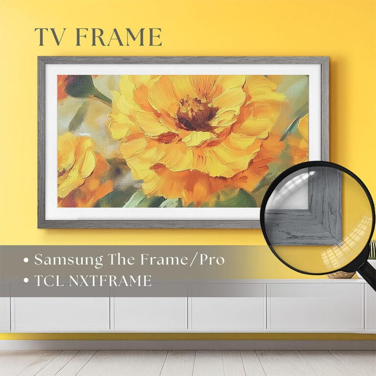Custom gray oak TV frame designed for Samsung The Frame and TCL NXTVISION smart TVs to transform your screen into premium wood wall art.