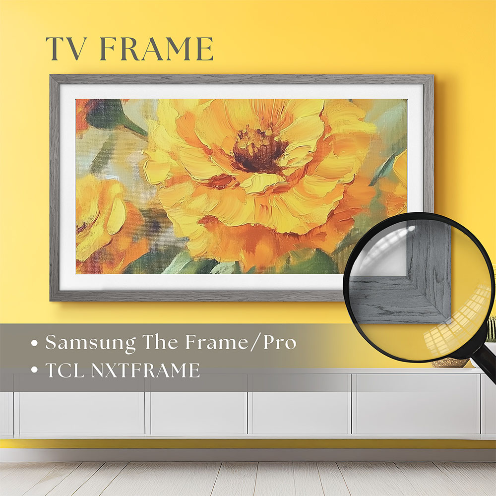 OakGrey40_FIRST Custom gray oak TV frame designed for Samsung The Frame and TCL NXTVISION smart TVs to transform your screen into premium wood wall art.
