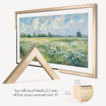 Detailed side profile of the thin silver custom TV frame demonstrating its space-saving design, requiring just 1 inch of wall clearance for a sleek, flush fit.