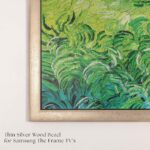 Close-up of the elegant, thin silver wood bezel specifically crafted to seamlessly blend your Samsung The Frame TV with premium, gallery-style home aesthetics.