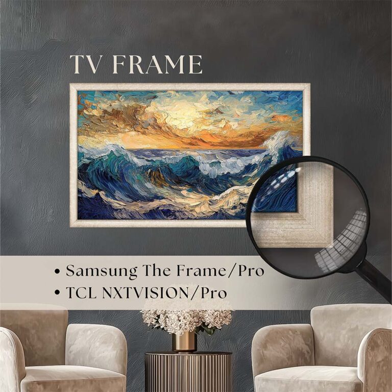 Custom silver TV frame compatible with Samsung The Frame and TCL NXTVISION, seamlessly transforming your digital display into an elegant piece of gallery art to elevate any room's decor.