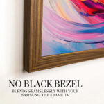 Close-up of the walnut frame's bottom edge, showing how it completely hides the visible black bezel to create a highly realistic, authentic art gallery look for your television.