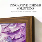 Detail shot showing the premium walnut TV frame's innovative corner joinery, ensuring a tight, flawless fit that mimics professional, high-end custom framing.