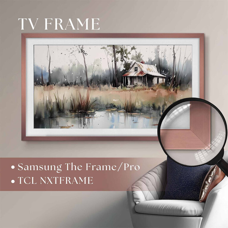 Custom copper TV frame specifically designed for Samsung The Frame and TCL NXTVISION smart TVs, instantly upgrading your digital art display with a premium metallic finish.