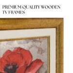 Close-up of the premium quality wooden TV frame featuring a beautiful two-toned gold and white design, adding depth and gallery-style elegance to your everyday television.