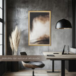 A gold and white TV frame mounted vertically in a modern industrial home office, perfectly utilizing portrait mode to display stunning art and save valuable wall space.