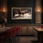 An 85-inch framed TV displaying a classic wine painting in a sophisticated, dark dining room, hiding your blank screen to maintain a luxurious and romantic atmosphere.