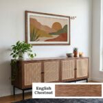 English Chestnut wood frame for a 65" TV, perfectly complementing nearby wooden furniture. Easily turns your television into a stylish, decorative focal point rather than a blank screen.