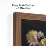 Detail of a seamlessly joined wood TV frame corner showcasing the easy, quick-snap installation. The intuitive, DIY-friendly design allows you to completely transform your television's appearance in under 5 minutes with no professional tools required.