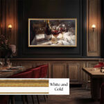 Elegant 55-inch White and Gold smart TV frame upgrading a formal dining room by effortlessly disguising the digital display as upscale framed artwork.