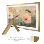 Detailed profile view of the modern brass TV frame, showing the sleek dimensions and requiring just 1 inch of wall clearance for a perfect, secure fit.