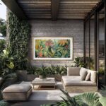 Elegant 65-inch brass TV frame blending seamlessly into a bright living area, effortlessly turning a flat-screen television into a piece of modern art.