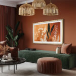 Luxurious 75-inch brass custom TV frame perfectly complementing warm, contemporary interior design by framing your digital canvas in style.