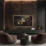 Sophisticated brass frame for smart TVs adding a striking touch of metallic elegance to a dark luxury media room, masking the screen beautifully.