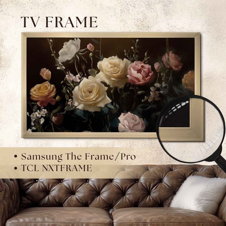 Premium brass TV frame custom-designed to perfectly fit Samsung The Frame and TCL NXTVISION smart TVs, elevating your digital art display.