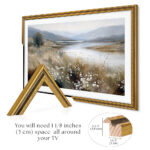 Ornate brown and gold TV frame dimension guide, showing the 1 1/8 inches of clearance needed to ensure a perfect, hassle-free fit around your screen.