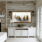 Ornate wood and gold TV frame in a bright rustic living room, seamlessly blending your technology into cozy, farmhouse-style decor.