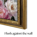 Side profile showing the ornate TV frame sitting completely flush against the wall, creating a realistic, high-end art gallery look without bulky gaps.