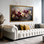 Wide view of the ornate TV frame above a tufted sofa in a luxurious white living room, transforming your everyday television into a stunning, artistic focal point.