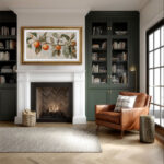 Framed TV displaying classic fruit artwork in a traditional, dark-toned study, maintaining a sophisticated atmosphere by hiding your television in plain sight.