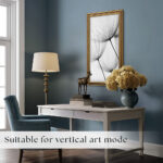 Ornate TV frame mounted vertically in a blue home office, offering versatile portrait-mode options to perfectly display vertical art or fit narrow walls.