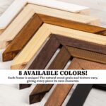 A curated selection of solid pine TV frame sampels for Samsung The Frame and TCL NXTVision, available in White, Natural, Honey, Jacobean, English Chestnut, Walnut, and Black.