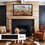 Handcrafted black solid pine TV frame for a 55-inch Samsung The Frame (2021-2026), blending seamlessly into a bright, minimalist modern living room.