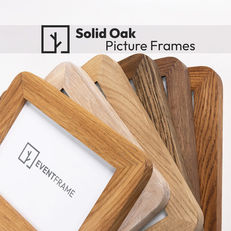 EventFrame wide-profile solid oak frame with rounded edges. Handmade 32mm molding in a natural wood stain, available in standard poster sizes including 8x10, 16x20, and A3.